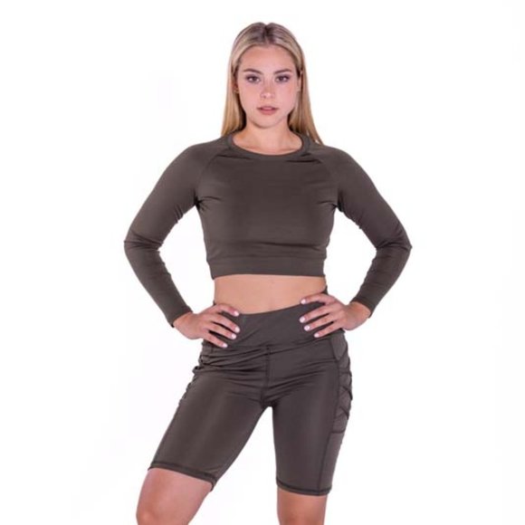 Long Sleeve Olive Green Crop Top And Biker Short Set - Picture 1 of 6